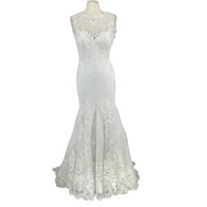 Alfred Angelo Mermaid Wedding Dress Sz 6 Small Train White Beaded Lace Princess